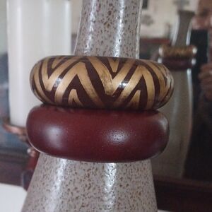 Magonay Tone Wooden Bangle & Mahogany Tone & Gold Tribal Graphic Bangle Duo